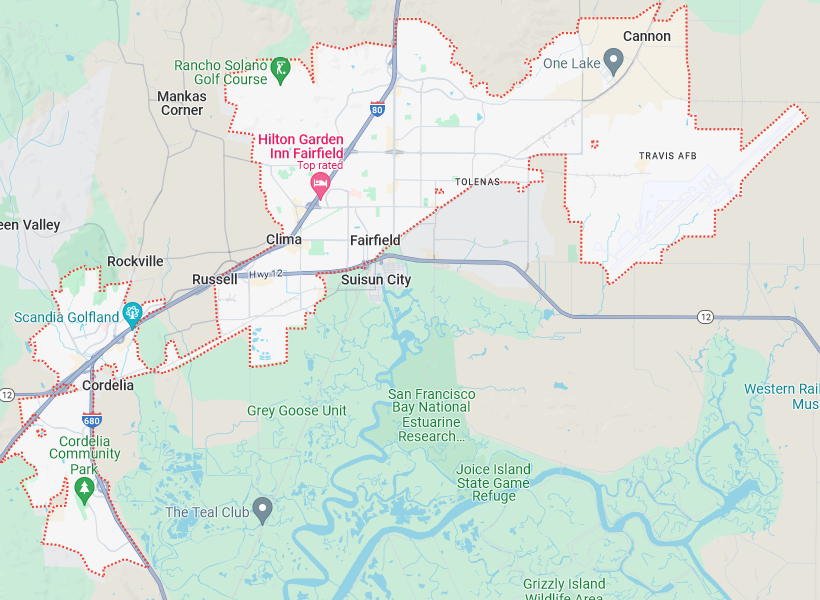 Limousine Service Area Map for Fairfield, CA