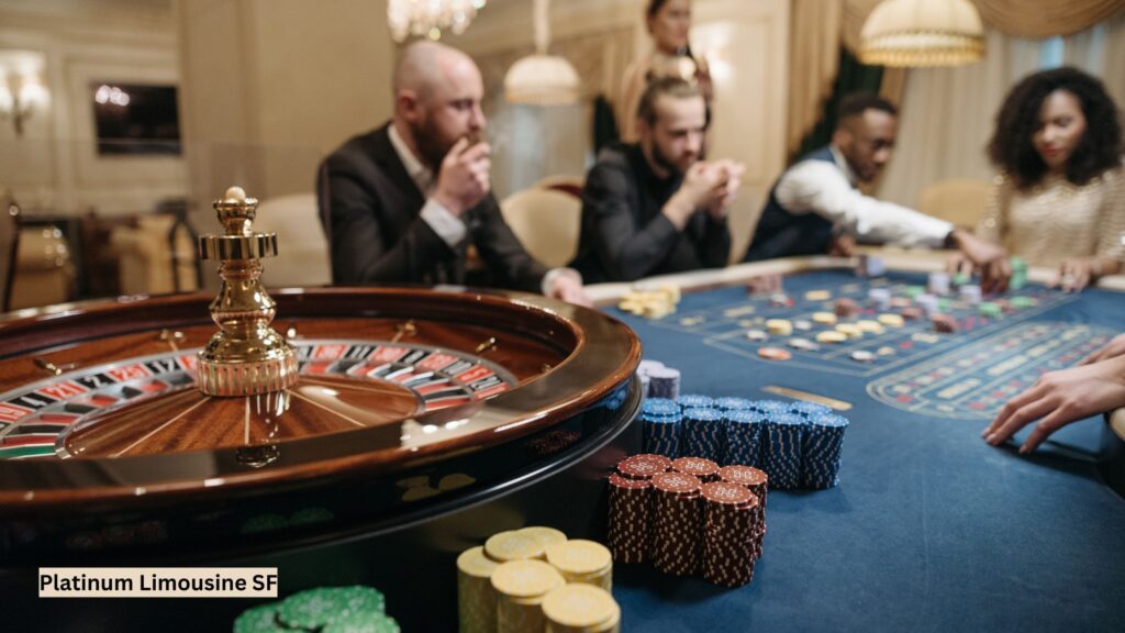 Well-dressed individuals enjoying a lively casino atmosphere, surrounded by gaming tables and luxury decor, highlighting a VIP limousine arrival for a sophisticated night out.