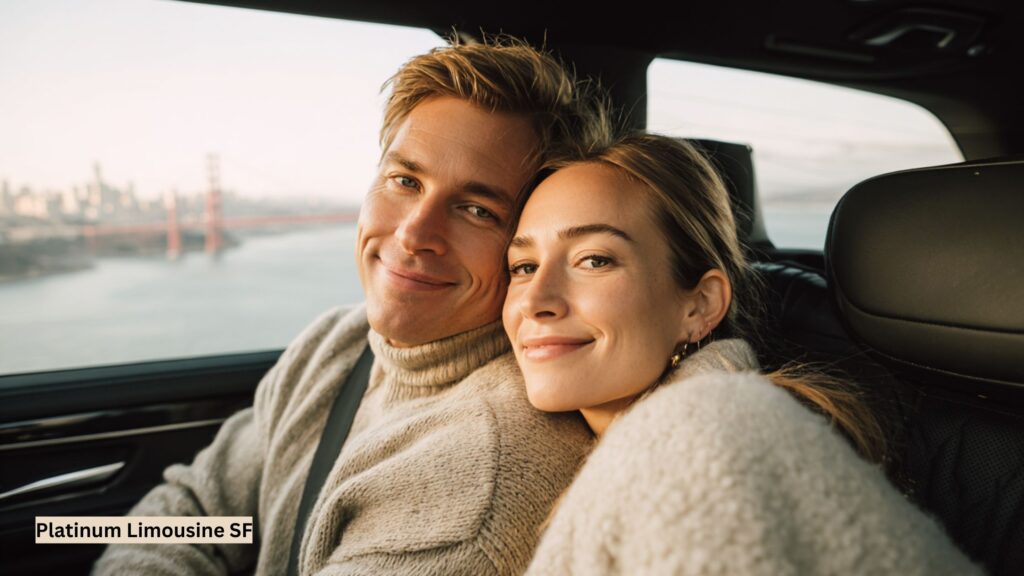 Couple sitting together in the backseat of a black luxury chauffeured vehicle, sharing a romantic moment as the lights and skyline of San Francisco appear outside the window.