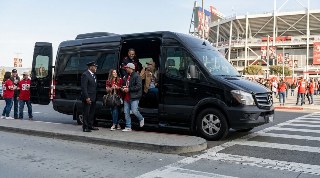 Chauffeured luxury Sprinter van dropping excited sports fans at a packed stadium entrance before the big game.
