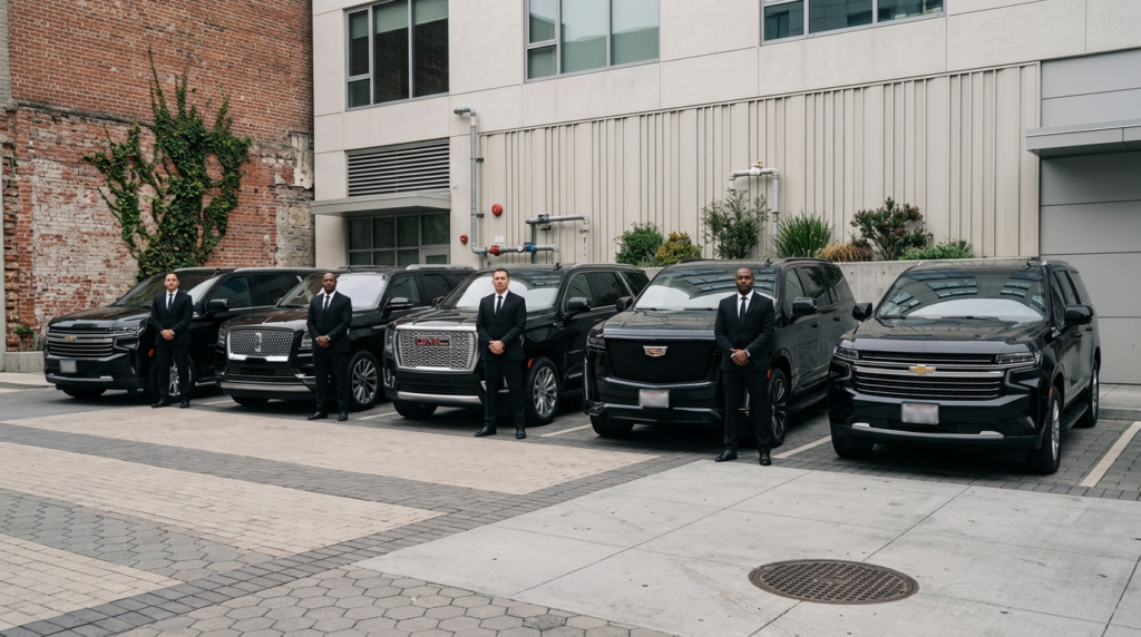 Row of five black luxury SUVs parked in urban daytime scene, chauffeurs standing attentively in front, eye-level wide-angle view.